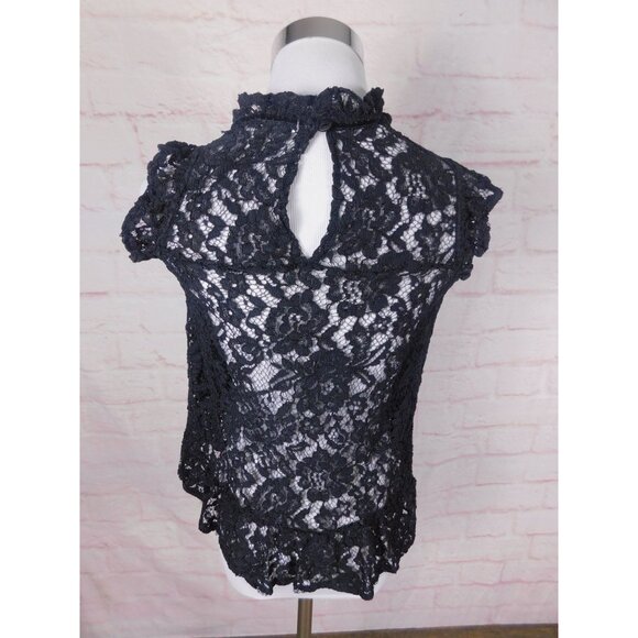Black Lace Sleeveless Ruffle Blouse XS With Keyhole Back By Papaya - Picture 4 of 10